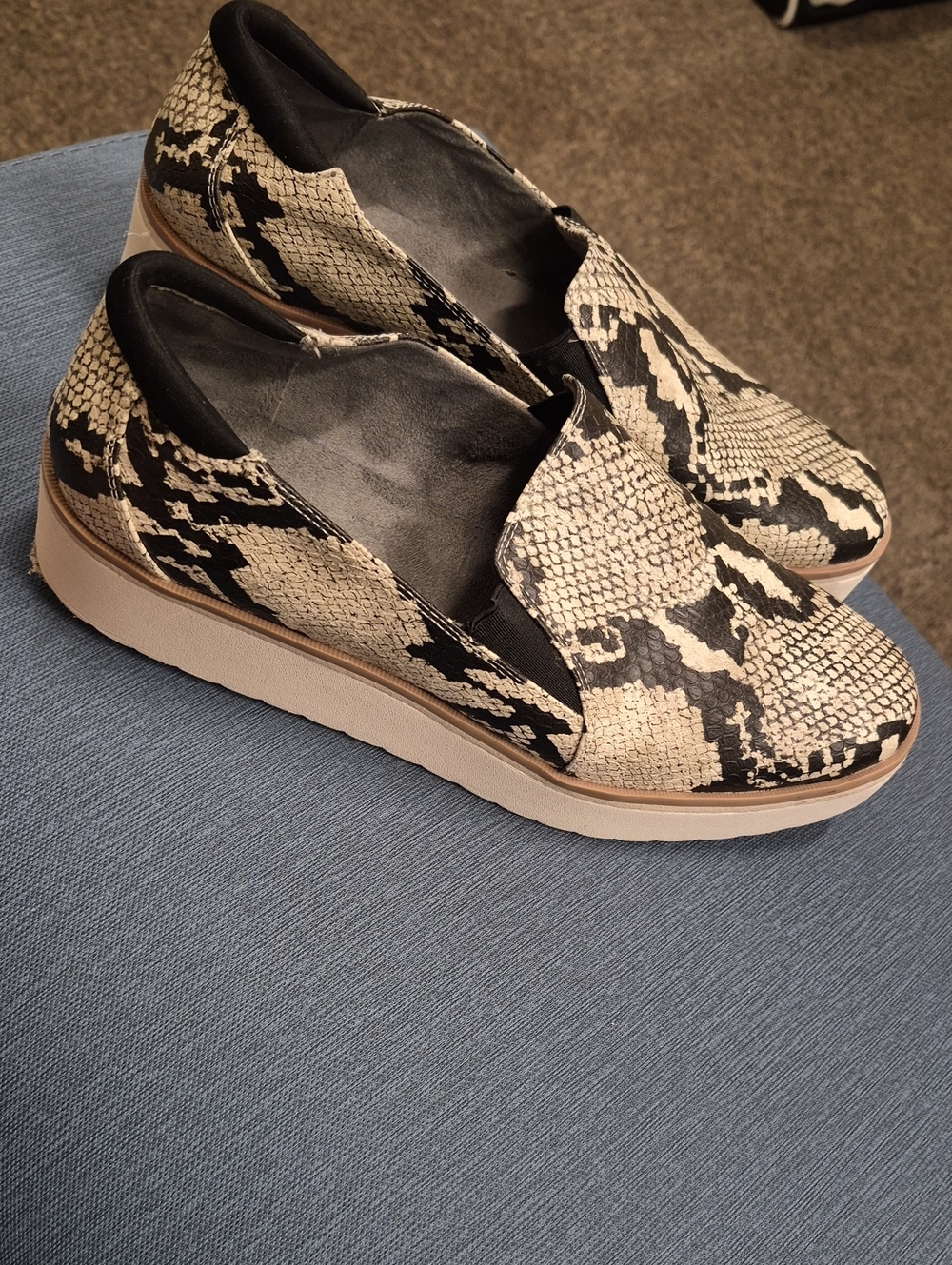 Dr. Scholl's Women's Slip-On Platform Sneakers in Black and Cream Snake Print